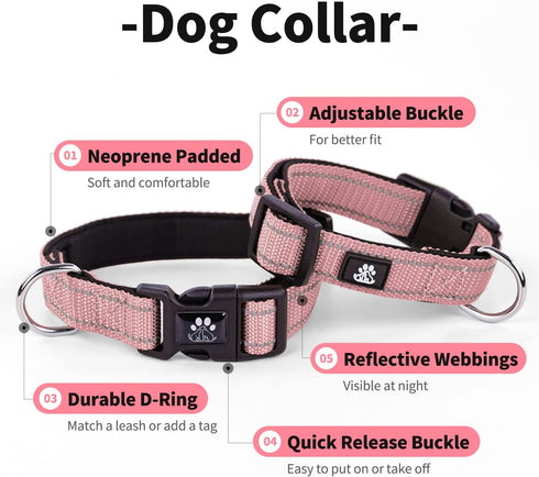 IVY&LANE Reflective Dog Collar and Leash Set,Adjustable Neoprene Padded Dog Collars for Puppy, Breathable Nylon Pet Collar for Small Medium Large ...