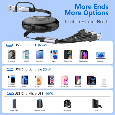 100W USB C to Multi Charging Cable, iPhone 15 Retractable Charging Cable with Type C 60W+IP 27W+Micro USB 10W Multi Phone Charger for iPhone 15 14...