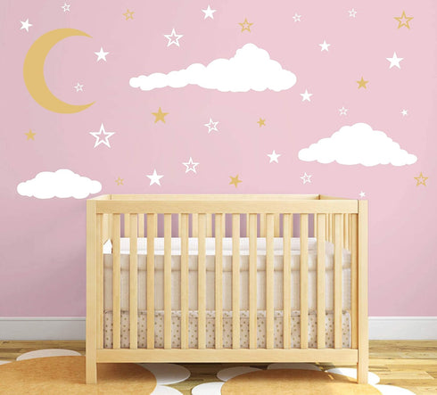 GESTYZ Vinyl Wall Stickers, Stars and Clouds Decal, White, Gold, for Nursery, Bedroom, Kids Room Wall Decoration...