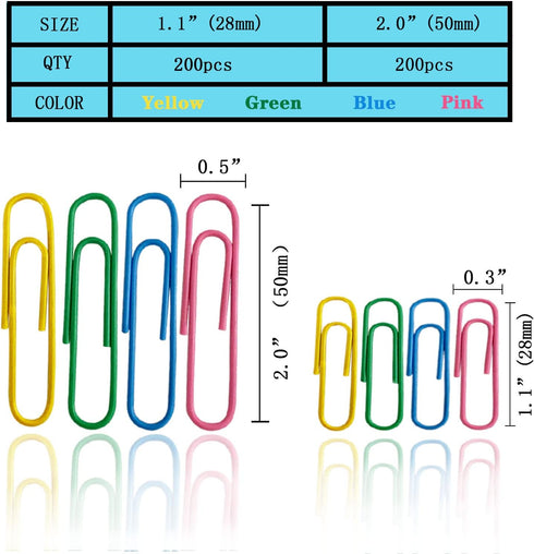 SAIOM 400 PCS Colourful Paper Clips Assorted Sizes, 200 PCS 11/10 Inch and 200 PCS 2 Inch Paper Clips, PVC Coated Large Paper Clips Great for Sort...