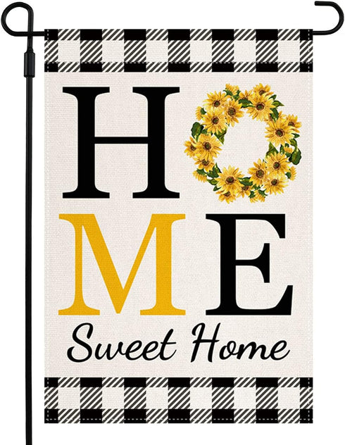 Sunflower Home Sweet Home Garden Flag for Outside Summer Flags for Farmhouse Lawn Outdoor Décor, Burlap Vertical Buffalo Check Plaid Flower Small ...