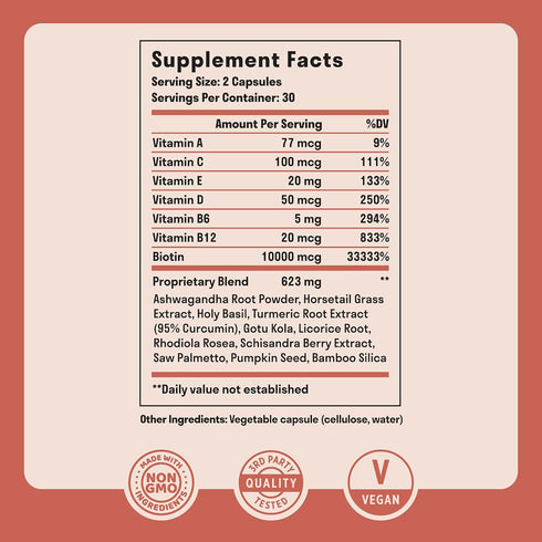 Hair Vitamins - Biotin 10000 mcg with Vitamin A, E, C, D & Adaptogens to Support Hair, Skin & Nails - Biotin Supplement for Health & Growth | Vega...