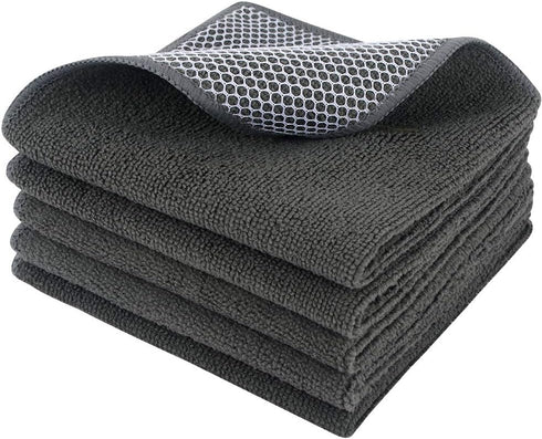SINLAND Microfiber Dish Cloths Wash Clothes for Kitchen Best Kitchen Cloths Cleaning Cloths Poly Scour Side 12"x12" (5Pack, Dark Grey)...