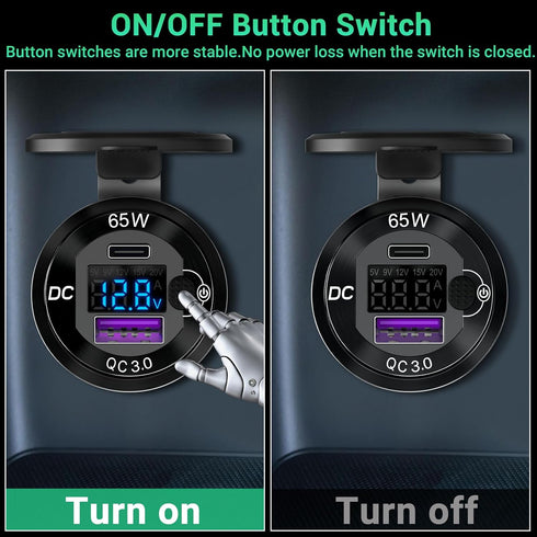 83W 12 Volt USB Outlet Built-in Boost USB C Laptop Car Charger: Ouffun 65W PD3.0 and 18W QC3.0 Car USB Port Aluminum Socket with Button Switch Sma...