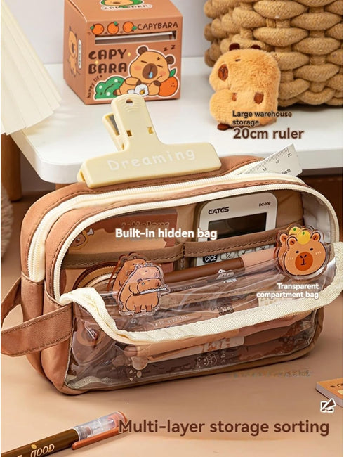 Pencil Pouch Large Capacity Multi-Layer Transparent Pencil Pouch - Waterproof, Zippered, Bonus Doll & Stickers, YS2401...
