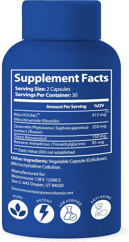 NAD+ Supplement. Exclusive Formula w/Patent Pending RiboYOUNG™. Nicotinamide Riboside, Quercetin, Resveratrol, Betaine NRF2 Activator. Anti Aging ...