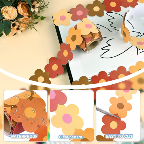 99ft Groovy Retro Hippie Flower Bulletin Board Borders Boho Orange Pink Flower Die-Cut Bulletin Board Flower Shape Rolled Trim for School Wall Cla...