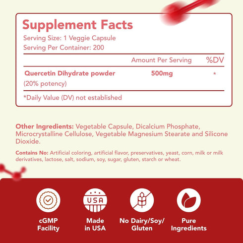High Strength Quercetin 500mg Capsules - Once Daily Powerful Antioxidant Quercetin Supplement for Heart Aging Skin Brain and Immune Support - Vega...