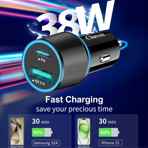 2 Pack 38W USB C Car Charger Fast Charging for iPhone 15 Pro/Max/Plus/Samsung Galaxy S24/Ultra/S23/S22 fe Dual Port Cigarette Lighter USB Charger[...