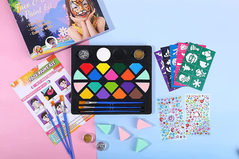 BOBISUKA Face Painting Kit for Kids - 16 Colors Water Based Body Face Paint Includes Brushes,Sponges,Glitters,Gem Sheet,Instructions,Stencils for ...