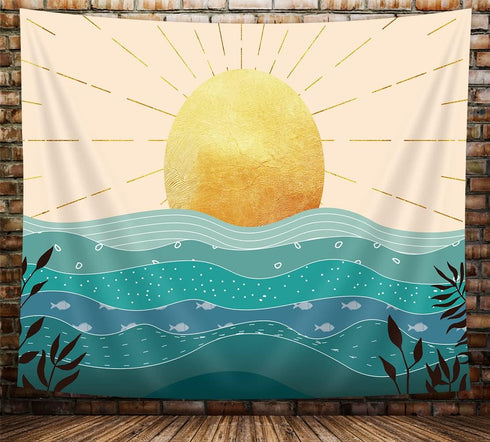 Boho Ocean Sunrise Tapestry Waves Mid Century Modern Style Tapestry Wall Hanging,Contemporary Wall Art Boho Prints Mountain Tapestry for Bedroom L...
