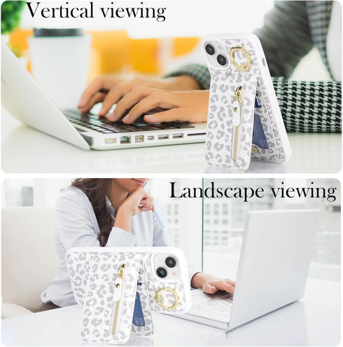 iPhone 13 Mini case with Card Holder, iPhone 13 Mini Phone Case Wallet for Women magsafe Compatible Wallet Detachable 2-in-1 for Men-White Leopard...