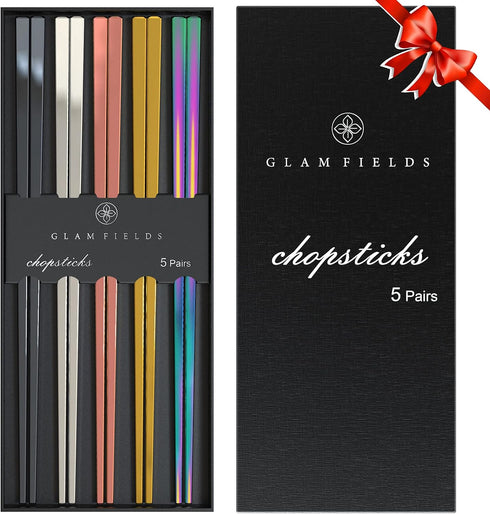 GLAMFIELDS Metal Chopsticks Reusable Chopsticks Dishwasher Safe Multipack Stainless Steel Japanese Style 5 Pairs Lightweight Chop Sticks Gift Set...
