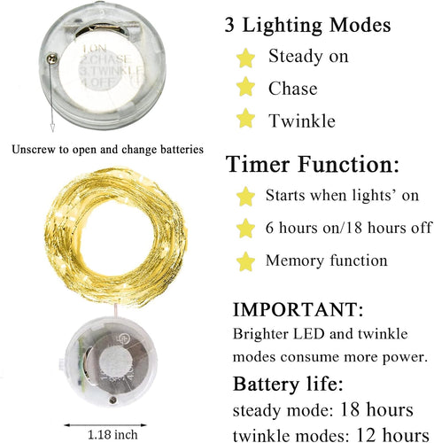 Twinkle Fairy Lights Battery Powered 3 Modes with Timer Firefly Lights 20 LED on 7.2feet Silvery Copper Wire for DIY Wedding Party Christmas Hallo...