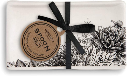 DEMDACO Floral Glossy Black and White 6 x 3.5 Stoneware Ceramic Everyday Kitchen Rectangle Spoon Rest...