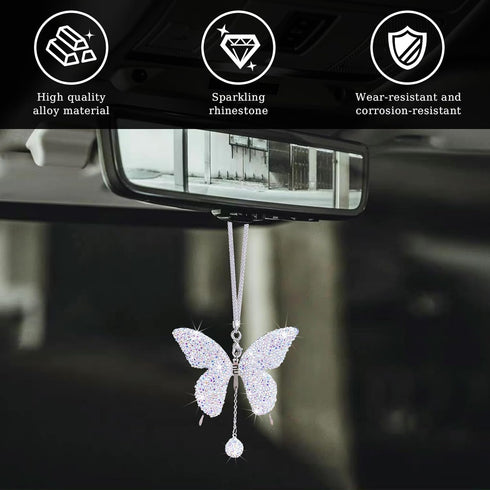 Bling Butterfly Car Accessories for Women, Diamond Car Rear View Mirror Ornament Pendant, Valentine's Day Gift, Crystal Car Hanging Decoration, Cu...