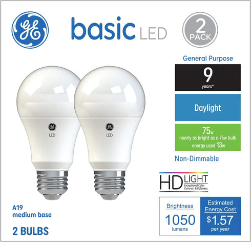 GE Basic LED Light Bulbs, 75 Watt, Daylight, A19 (2 Pack)...