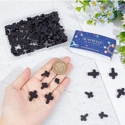 SUNNYCLUE 1 Box 90Pcs Black Cross Beads 3 Sizes Small Stone Cross Bead 10/16/20mm Mini Tiny Synthetic Turquoise Gemstone Beads Charms Easter Holid...