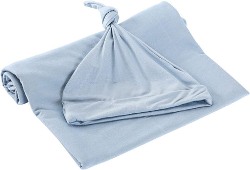 iEvolve Cotton Knitted Baby Swaddle Blanket with Hat Headband Set Newborn Swaddle Wrap Receiving Blankets for Baby Girl Boy 35" x 35"(Lightblue)...
