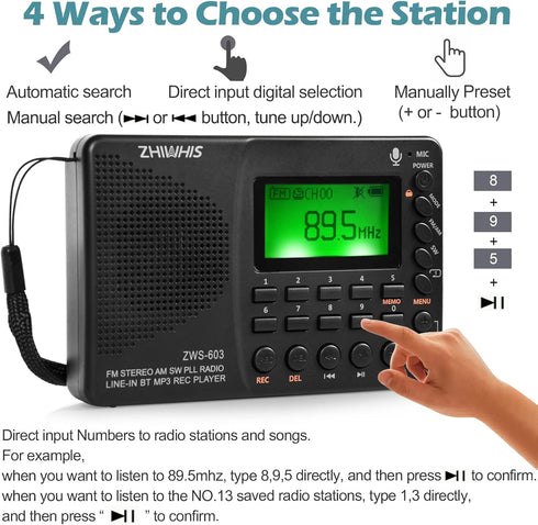 ZHIWHIS Portable Bluetooth Radio, FM AM Shortwave Radios with Sleep Timer and Preset Function, Rechargeable Digital Recorder, Stereo MP3 Player wi...