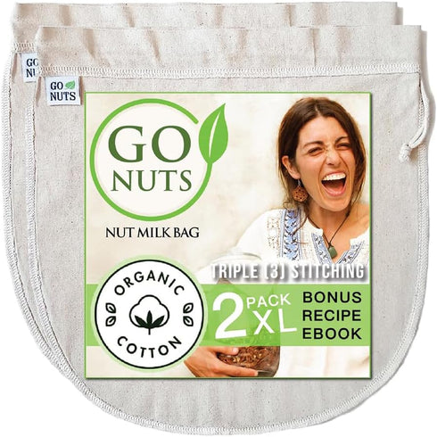 Milk Bag by GO NUTS 2 Pack 100% Organic Cotton Plant Based Milk Strainer, Reusable for Almond Milk, Nut milk, Cold Brew, tea, celery juice, and Mo...