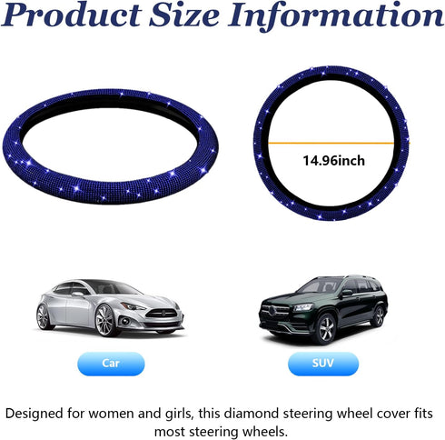 Bling Steering Wheel Cover, Crystal Diamond Steering Wheel Protector for Women Girls, 14-15 Inch Sparkling Rhinestone Decor Accessories, Universal...