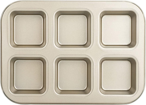 Beasea Brownie Pan, 1 Pack 6 Cavity Gold Nonstick Square Mini Brownie Muffin Cake Pan Cheesecake Cupcake Bakeware Carbon Steel Brownie Baking Tray...