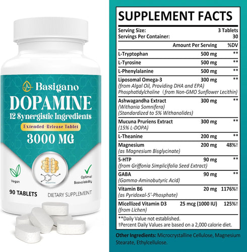 Natural Dopamine Supplement - Gluten-Free - 90 Tablets(Pack of 2)...