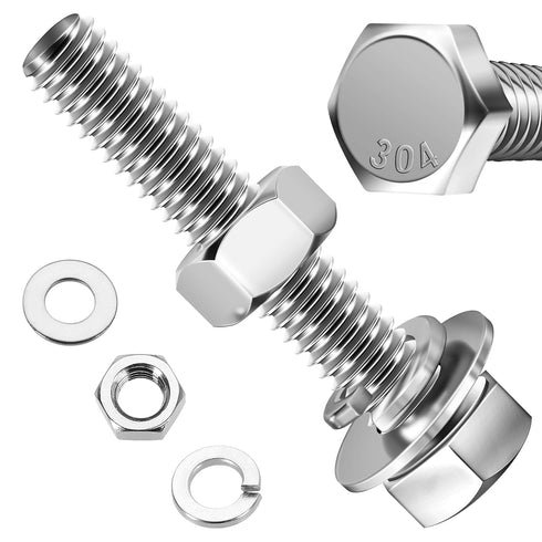 (6 Sets) 3/8-16x2" Hex Head Stainless Steel Bolts and Nuts with Flat & Lock Washers, 304 Stainless Steel 18-8, Fully Threaded, 3/8 Bolts, Hex Bolt...