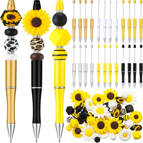24 Pcs Plastic Beadable Pens Bead Pens Leopard Print Sun Flower Silicone Beads Pens 50 Spacer Beads DIY Black Ink Ballpoint Pen for Women Kids Off...