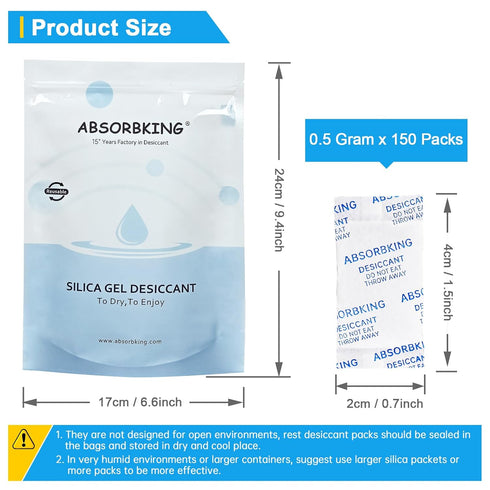 Silica Gel Packets – 0.5 Gram 150 Packs Desiccant Packs for Storage, Food Grade Moisture Absorbers, Premium Desiccant for Spices, Foods, Electroni...
