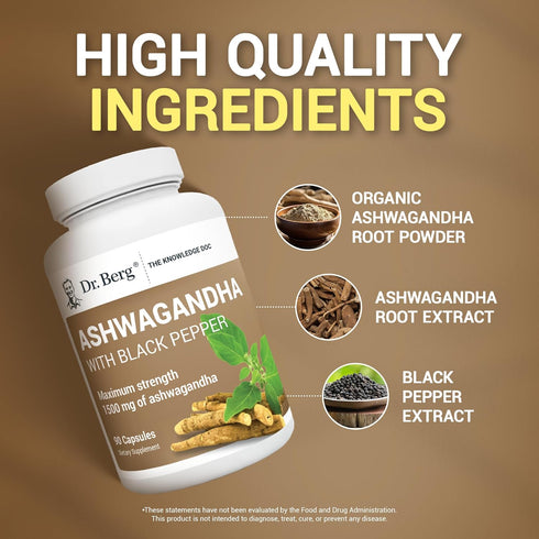 Dr. Berg Ashwagandha Capsules 1500mg - Includes Organic Ashwagandha Root with Black Pepper from Bioperine - Ashwagandha Supplements 90 Capsules...