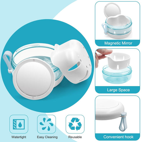 Denture Case & Cup, Travel Retainer Case with Mirror, No-Leak False Teeth Cleaning Container: Full & Partial Dentures Soaking, Denture Bath Holder...