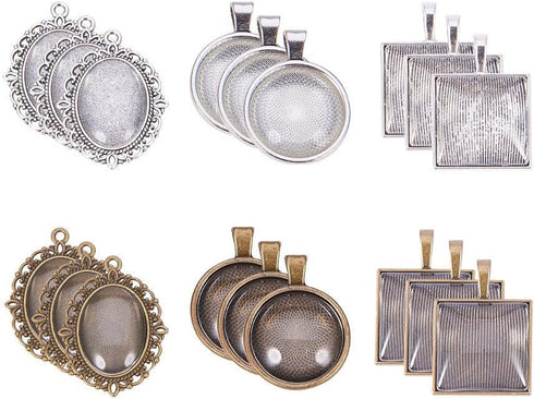 PH PandaHall 60pcs Pendant Trays, 30pcs Photo Charms Pendants Bezel Blanks with 30pcs Glass Cabochon Dome Round Oval Square Tiles for Bouquet Wedd...