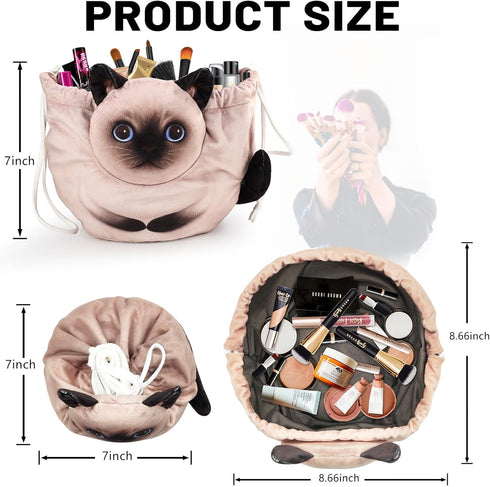 Drawstring Makeup Bag, Cat Makeup Bag, Travel Makeup Organizer, Cosmetic Pouch Bag, Cat Gift for Women, Lay Flat Makeup Bag Gifts for Cat Lovers...
