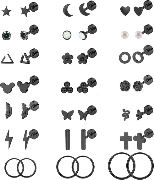 Staligue 21 Pairs Stainless Steel Earrings Set for Women Men Hypoallergenic 20G Flat Back Studs Earrings and Hoop Earrings Set Star Moon flower Sn...