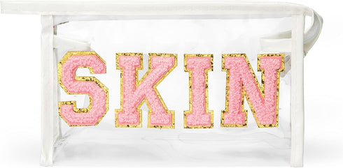 Preppy Patch SKIN Cosmetic Case Varsity Letter Toiletry Bag Summer Beach Pool Aesthetic Waterproof Clear PVC Multi-Function Zippered Pouch Women T...