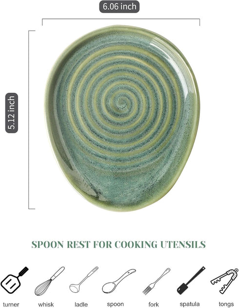 Ceramic Spoon Rest for Stove Top, Spoon Holder for Kitchen Counter, Farmhouse Cooking Utensil Holder for Spoons, Ladles, Spatula, Glazed Green...