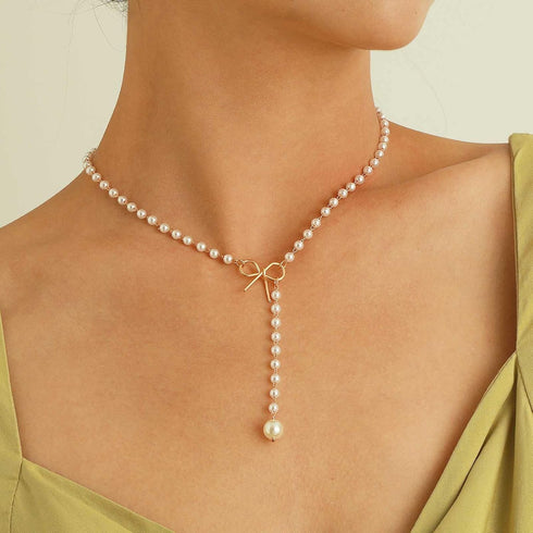 Boho Pearl Y Lariat Necklace Chain Pearl Beaded Choker Necklace Bow Knot Necklace Choker Pearl Y Drop Necklace Chain Jewelry for Women and Girls...