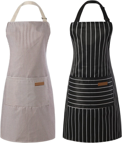 Tosewever 2 Pieces Kitchen Cooking Aprons, Cotton Polyester Blend Adjustable Bib Aprons with 2 Pockets for Women Men Chef Chef (Black/Brown Stripe...
