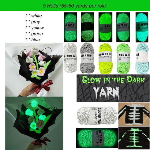 5 Pack Glow in The Dark Yarn for Crochet - 55 Yards Fluorescent Luminous Scrubby Thread Knitting Shining Glowing Yarn for Crocheting Weaving - Sew...