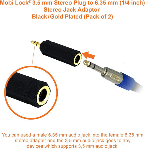 Mobi Lock 3.5mm Plug to 6.35mm Socket (Pack of 2) 1/8 to 1/4 inch Stereo Audio Jack Adapter | Connects Devices with 3.5mm port to Amplifiers, Guit...