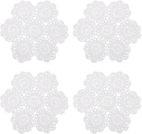 kilofly Crochet Cotton Lace Table Placemats Doilies Pack, 4pc, White, Blossoms, 10 inch...