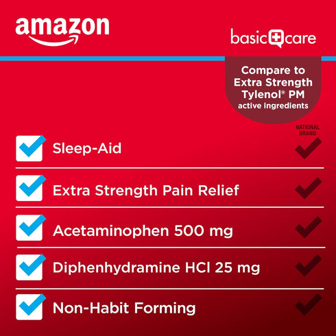 Amazon Basic Care Acetaminophen PM Caplets, Pain Reliever Plus Nighttime Sleep Aid, Extra Strength, Helps Occasional Minor Aches, Pains and Headac...