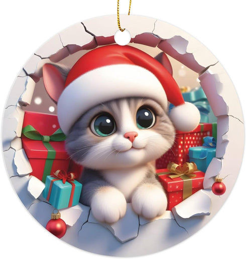 3D Cute Cat in Santa Hat Christmas Ornament - Christmas Oranment - Xmas Tree Decoration - Fun 2023 Christmas Ornament - 3" Round PVC Ornament - Pr...