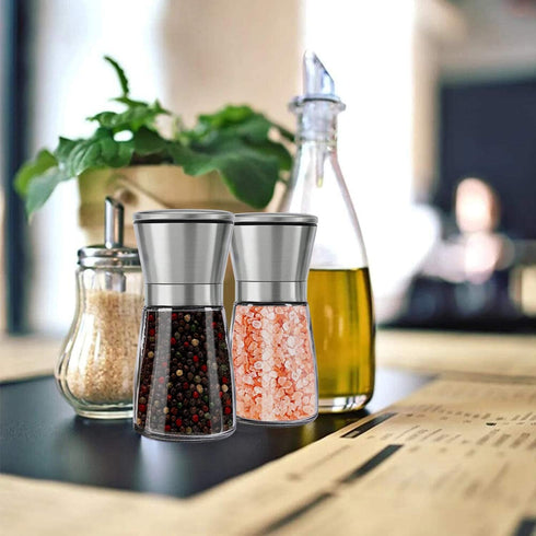 Herda Salt and Pepper Grinder - Refillable 304 Brushed Stainless Steel Shaker - Adjustable Ceramic Sea Salt & Pepper Grinder - Tall Glass Salt- Pe...