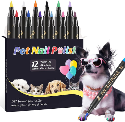 Dog Nail Polish Pens Quick Dry,12 Colors Safe Dog Nail Polish Set to DIY Pretty Nails, Ideal Gifts for Dogs Cats Light Dark Nails, Odorless, Non-T...