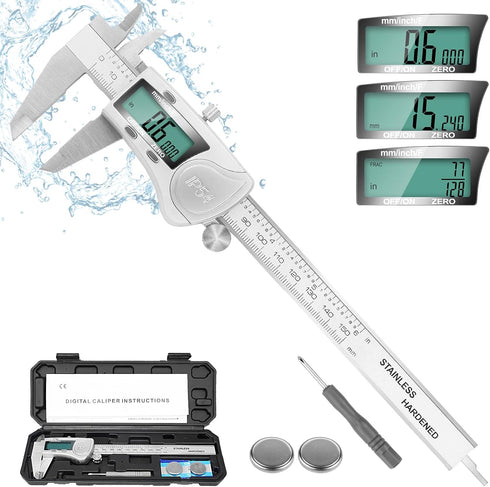 Digital Caliper Measuring Tool, IP54 Waterproof Electronic Micrometer Caliper, Stainlee Steel Vernier Caliper with Large LCD Screen, Inch Metric F...