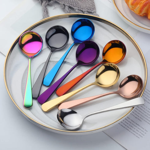 Broth Round Spoon Set, 8-Piece Reusable Stainless Steel Dinner Table Cereal Soup Spoon, Camping Ramen Spoons...