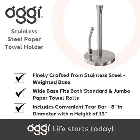 OGGI Stainless Steel Paper Towel Holder - with Tension Arm and Tear Bar, 13" Height - Stainless Steel Construction...